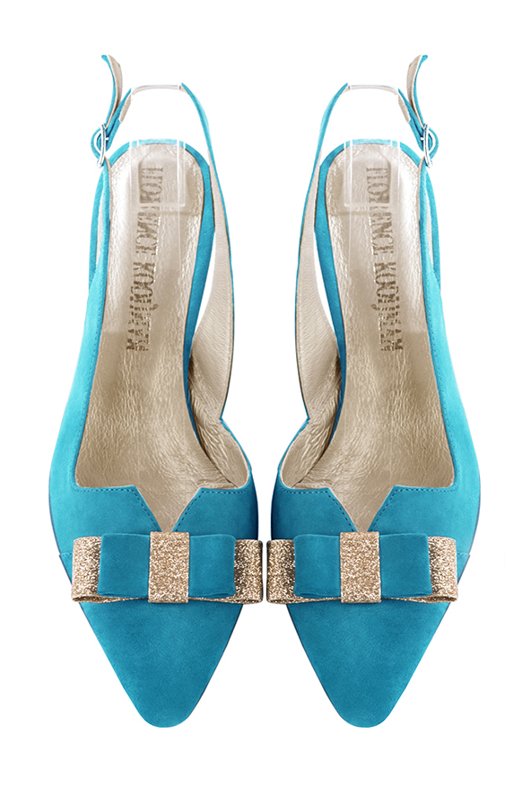 Turquoise blue and gold women's open back shoes, with a knot. Tapered toe. Medium slim heel. Top view - Florence KOOIJMAN